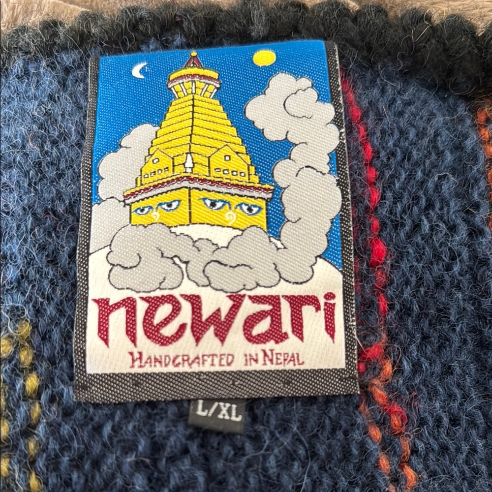 100% Wool Nepal Made Colorful Geometric Knit Cardigan Newari - Picture 5 of 6